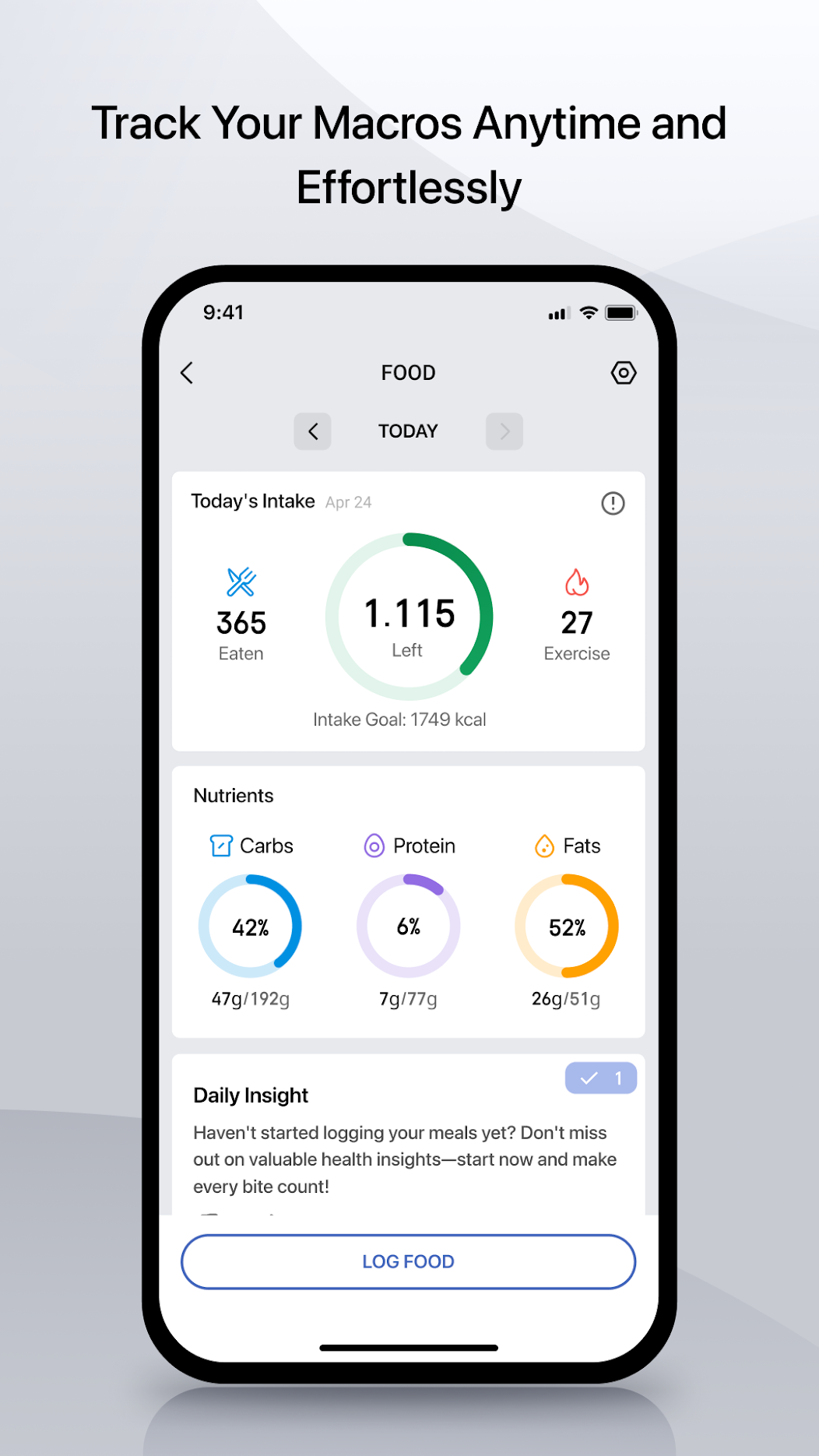 Food Log 页面:当日摄入 365 千卡、剩余 1115 千卡、运动消耗 27 千卡,下方是碳水蛋白脂肪三环